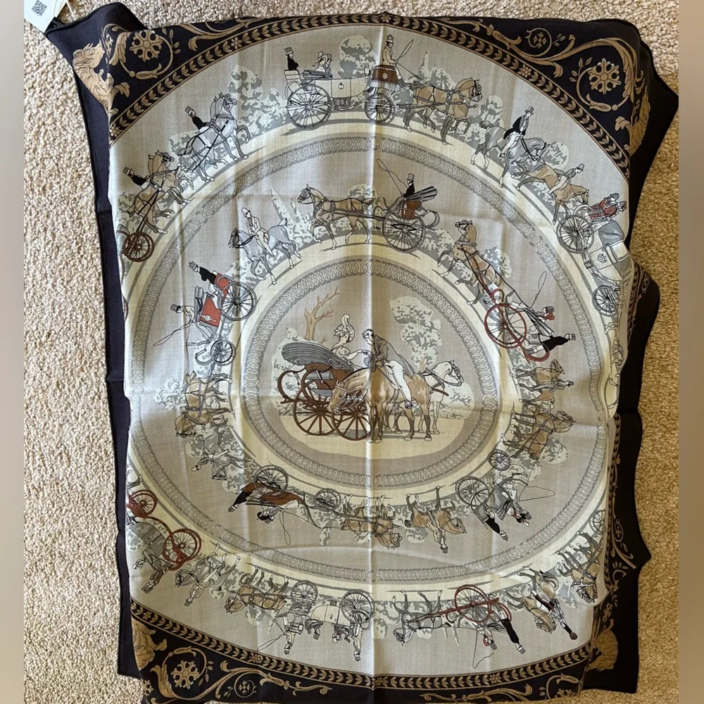 NWT Equestrian Horse Carriage Silk Wool Scarf 100x100cm Hermes Style